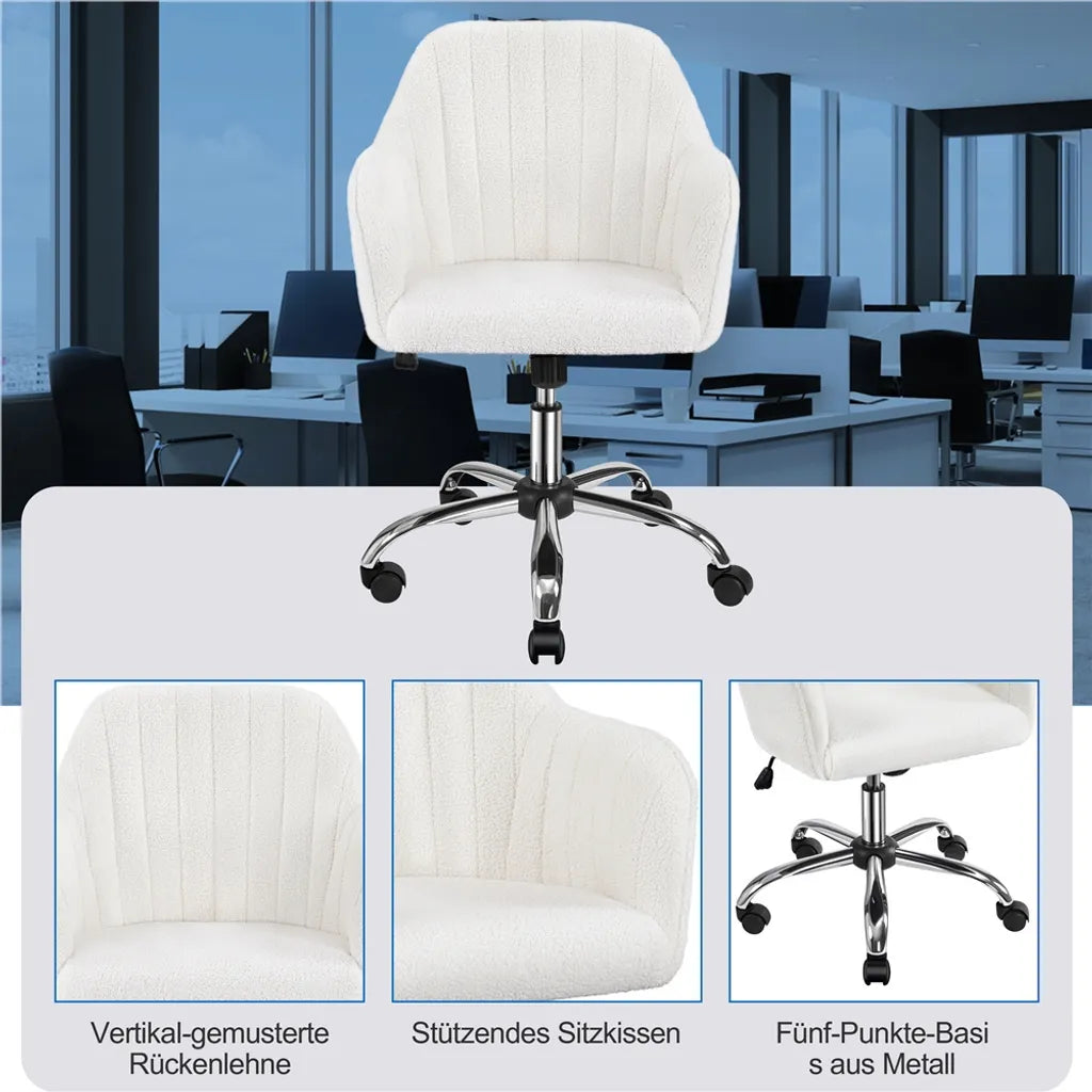 Yaheetech Verstellbarer Bürostuhl 60 x 61 x 83–92,5 cm – Elfenbein – Bürostuhl aus Bouclé mit Rollen und Armlehnen