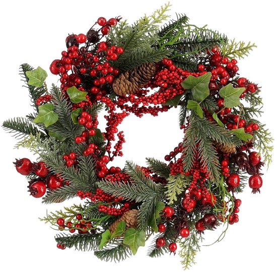 Mica Decorations Norah Weihnachtsdekoration – Weihnachtskranz mit Tannenzapfen und roten Beeren – Türkranz für den Flur, die Haustür oder das Fenster – Klassische Weihnachtsdekoration – H 11 x Ø 40 cm – Rot