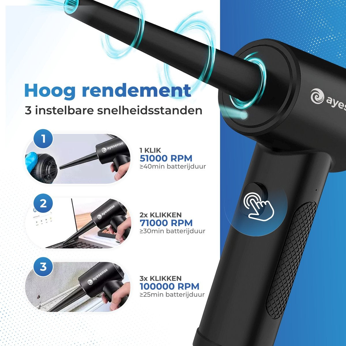 AyeSense Air Duster Pro - 8 Aufsätze - kabellos & wiederaufladbar - 52.000 U/min - Druckluft-Staubreiniger - Druckluft