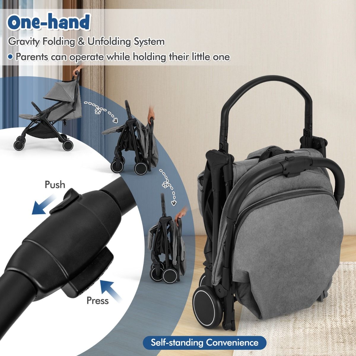 Coast Kinderwagen – leicht und kompakt – mit einer Hand zusammenklappbar – schwarz – 97 x 49 x 103 cm