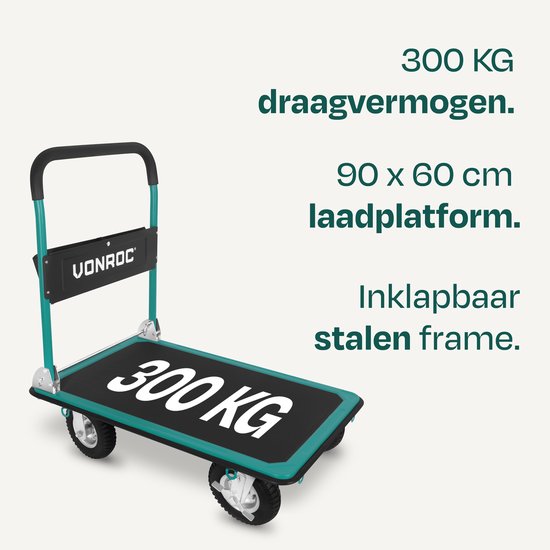 VONROC Premium-Plattformwagen – mit Luftreifen – zusammenklappbar – Tragkraft max. 300 kg – große Ladefläche 90 x 60 cm – inklusive Spanngurte