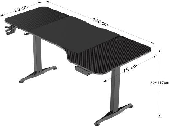 VDD Gaming – Schreibtisch – Gaming-Schreibtisch – Sitz-Steh-Schreibtisch – elektrisch höhenverstellbar – Sitz-Steh-Schreibtisch – Gaming-Schreibtisch – Computertisch – 160 x 75 cm – schwarz – maximale Höhe 117 cm