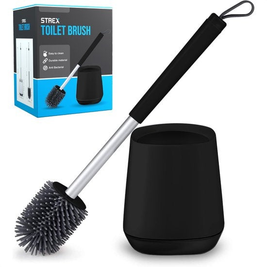 Strex Toiletborstel Siliconen met Houder Zwart - Sneldrogend, hygienisch& Antibacterie Werking - WC Borstel - Toilet Borstel Houder