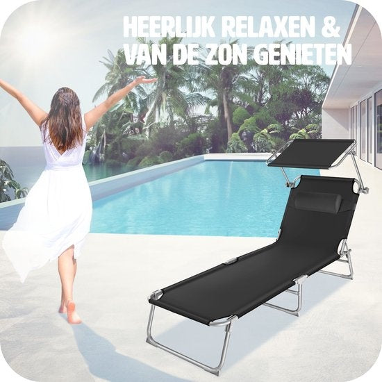 Tectake - Sonnenliege - Stahlgestell mit Schiebedach - robust, 4-fach verstellbare Rückenlehne inklusive Kissen - Ideal für Garten, Pool, Camping - Schwarz