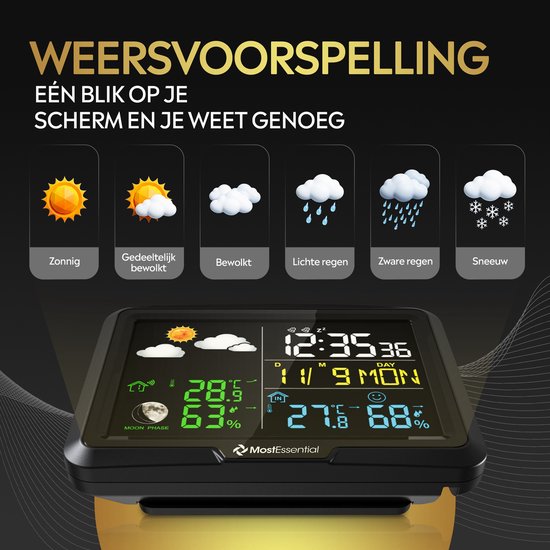 MostEssential Classic Edition Wetterstation – Plug-&-Play-Installation – Kabellos – Wetterstation mit Außensensor – Hygrometer – Innen und Außen – 100 Meter Reichweite – 1 Sensor