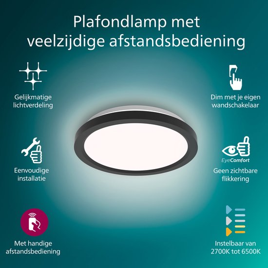 Philips All-in-One-Deckenleuchte – 2er-Pack – mit Fernbedienung – 24 W – LED-Beleuchtung – warmweißes bis kaltweißes Licht; 2700 K bis 6500 K – 30 cm – schwarz – rund