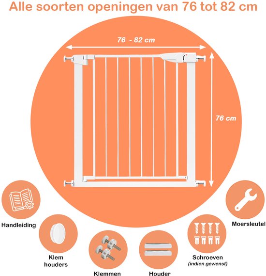 Treppengitter ohne Bohren – 76 bis 82 cm – Sicherheitsgitter – Klemmbefestigung – Kindergitter – Hundegitter – Weiß