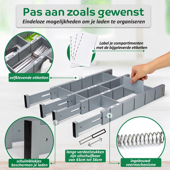 Ecowize Luxus Schublade Veranstalter - Schublade Teiler einstellbar 100% natürlichen Bambus - Küche Organisatoren - Set von 4 Schublade Teiler, ausziehbar (43cm bis 56cm) - einfach zu installieren - 100% natürlichen Bambus