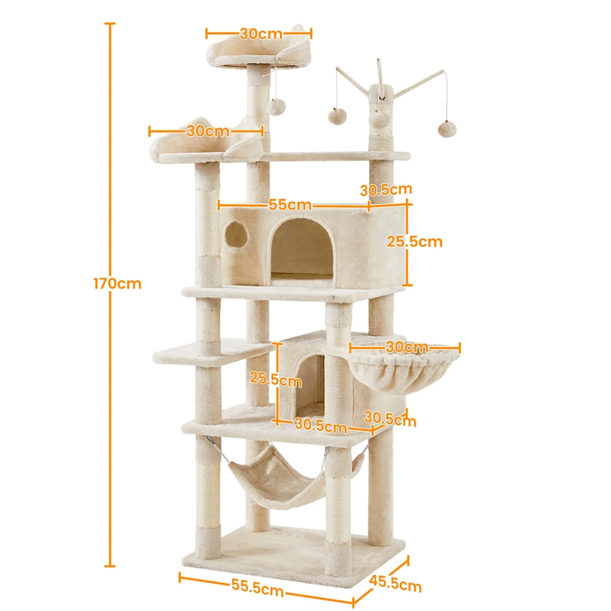 Yaheetech Kratzbaum 170 cm – Beige – XL – 5 Ebenen – 2 Katzenhöhlen – Hängematte – 7 Sisalstangen