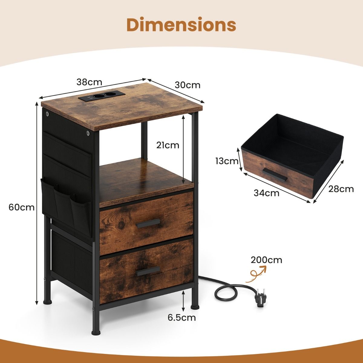Coast 2-teiliges Beistelltisch-Set – mit Ladestation und LED-Beleuchtung – 2 Stoffschubladen und 6 Seitentaschen – rustikales Braun