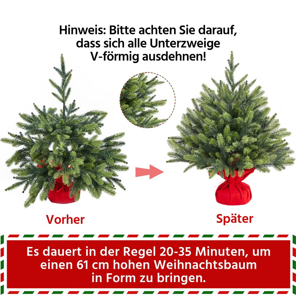 Yaheetech Künstlicher Weihnachtsbaum Mini - 61 cm - Mit 62 Zweigen und schwerem Betonsockel und dekorativer roter Stoffhülle - Für Tisch und Fensterbank - Grünes Polyethylen und Metall - 58 x 58 x 61 cm