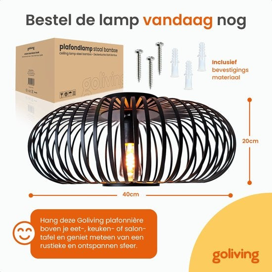 Goliving Deckenleuchte - Deckenleuchte - E27 - Metall - Bamboo Look - Ã˜ 40 cm - Schwarz