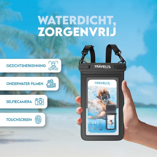 Travelly® Wasserdichte Handytasche mit extra Staufach - Universelle Unterwassertasche für Smartphone - Geeignet für alle Handys - Drybag - Für Urlaub, Schwimmen & Wassersport - Schwarz