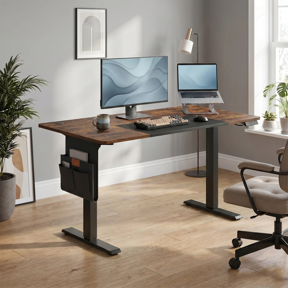 Joyfurnos höhenverstellbarer Schreibtisch mit Speicherfunktion – USB-C-Anschluss – 160 x 70 cm – Braun-Schwarz