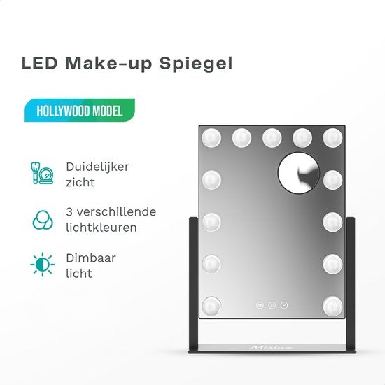 Mirlux Make Up Hollywood-Spiegel mit Beleuchtung (44x30cm) Vision - Dimmbare LED-Birnenbeleuchtung - 13 Lampen - Schwarz