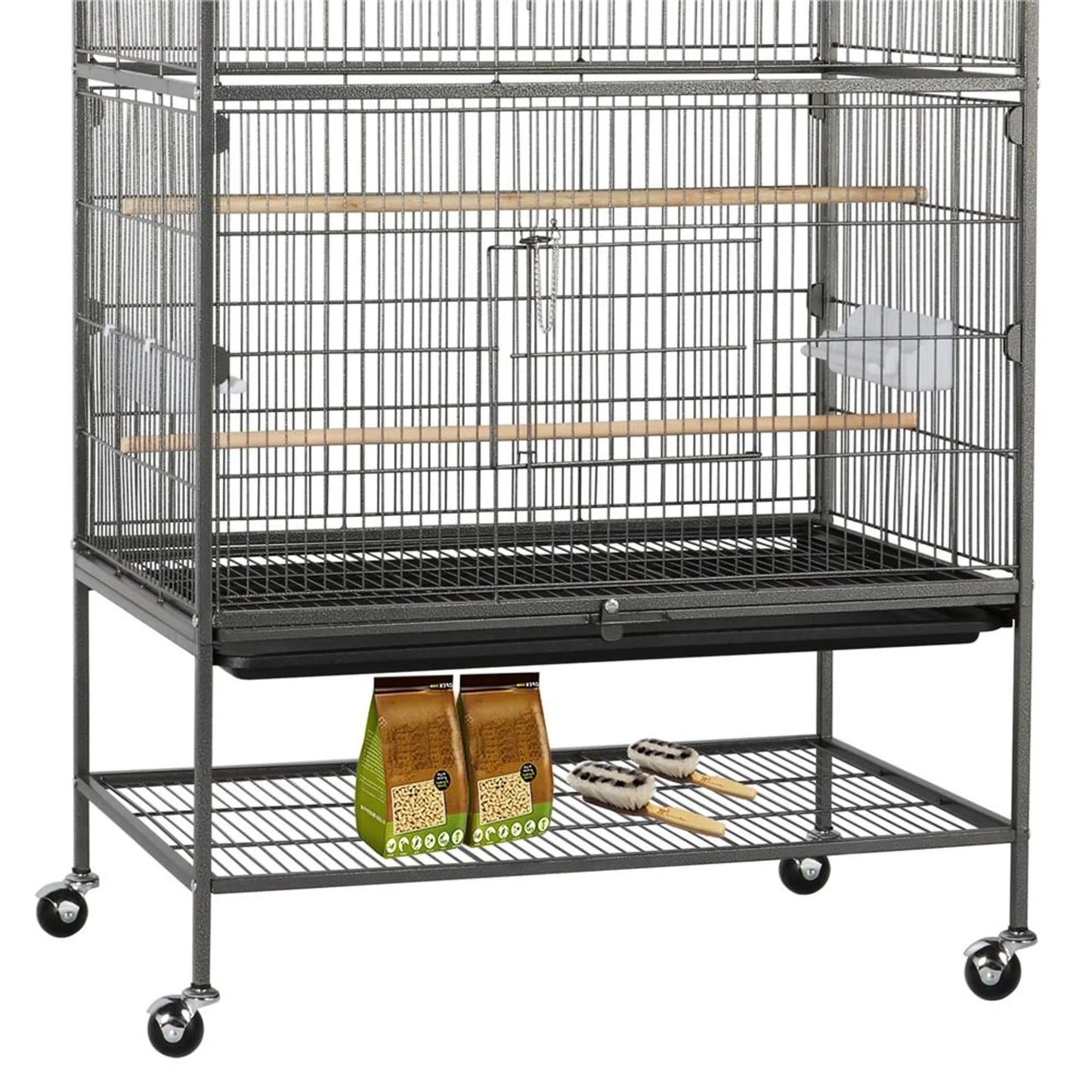 Yaheetech Vogelkäfig XXL mit mobilem Sockel - ausgestattet mit gesicherter Tür und Ablagefläche und 3 Holzstangen - für Papageien und Kakadus - schwarzes Metall - 79 x 52 x 132 cm