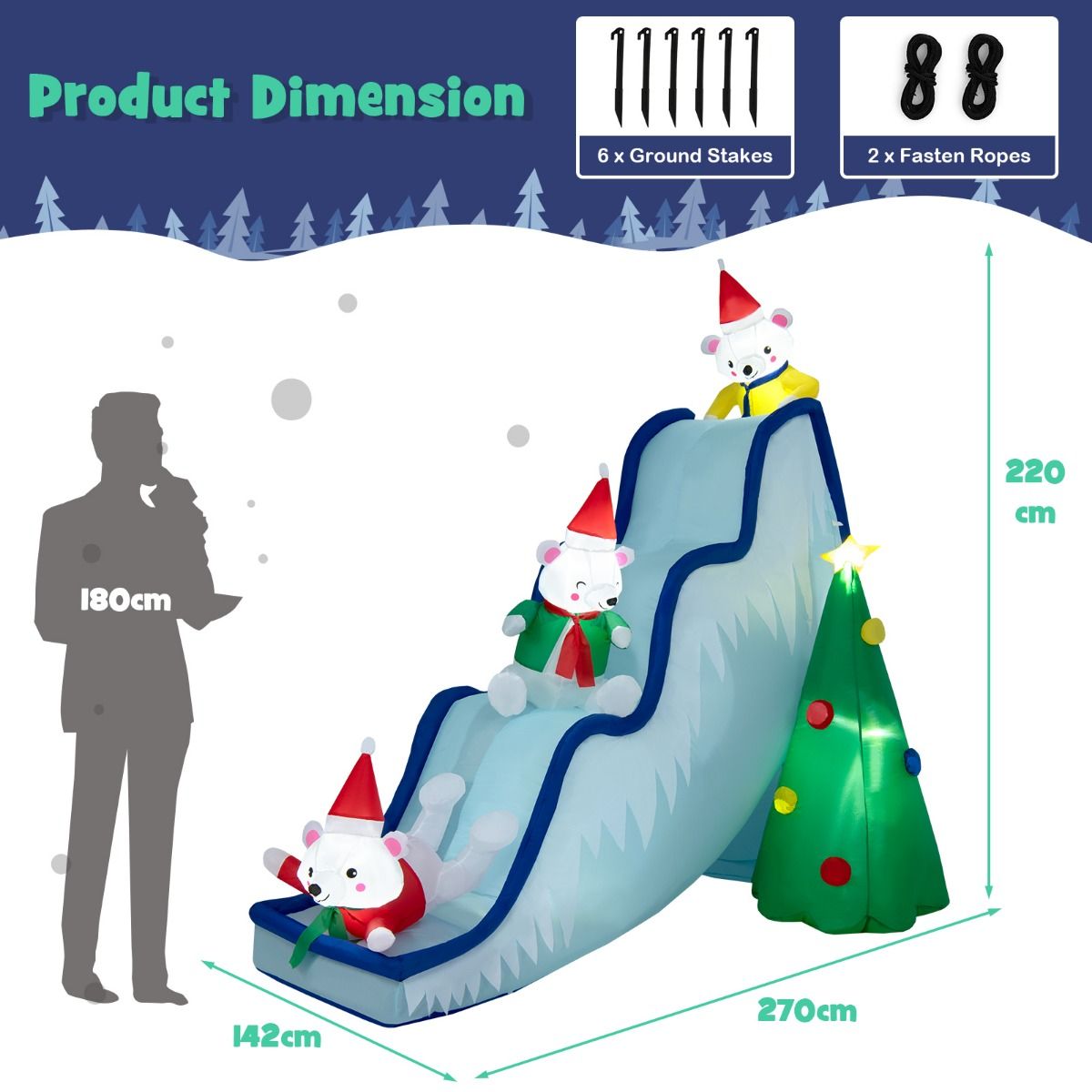 Coast Aufblasbare Weihnachtsrutsche mit Eisbären und Weihnachtsbaum - Beleuchtete Weihnachtsdekoration mit Ventilator - 225 x 120 x 200 cm - Weiß