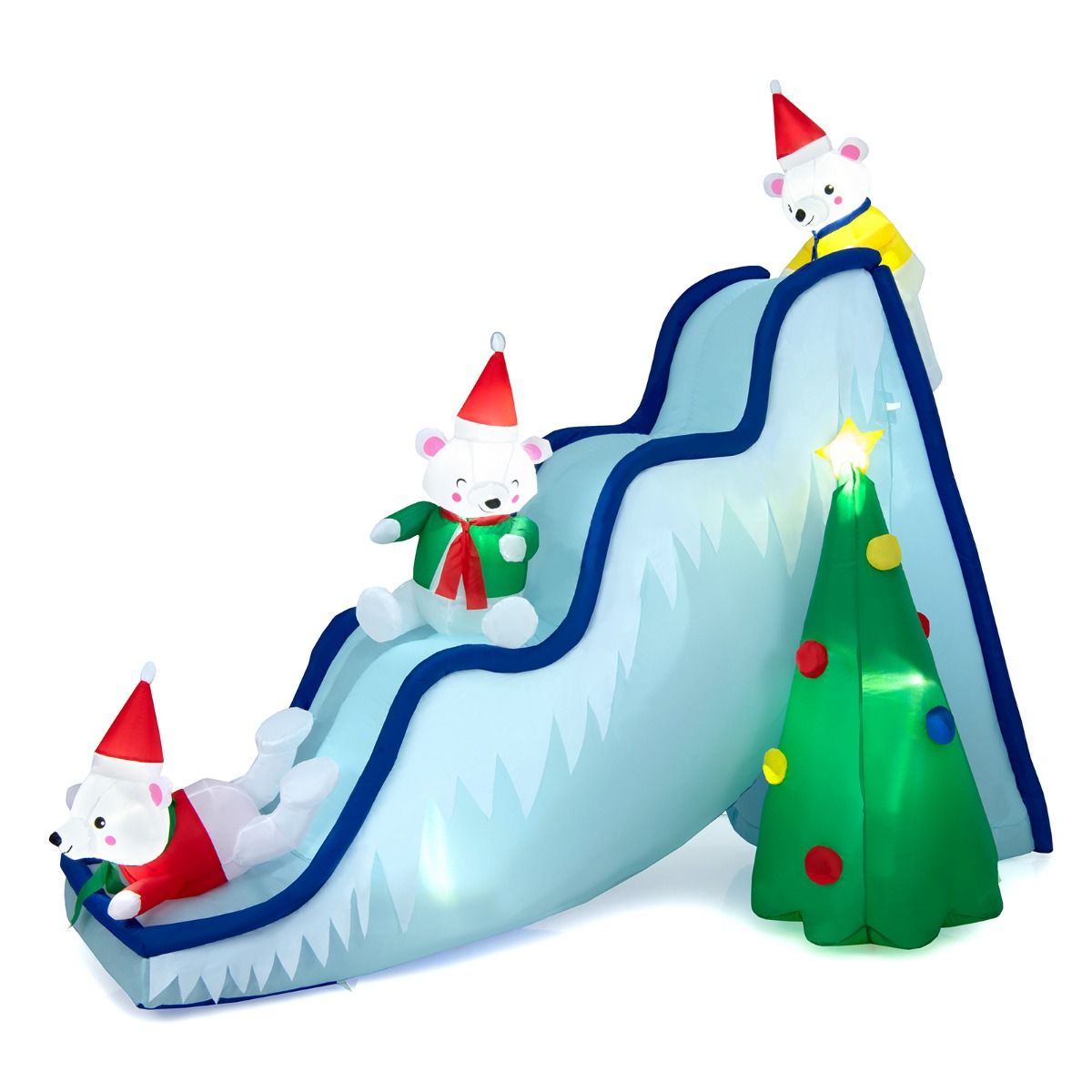 Coast Aufblasbare Weihnachtsrutsche mit Eisbären und Weihnachtsbaum - Beleuchtete Weihnachtsdekoration mit Ventilator - 225 x 120 x 200 cm - Weiß