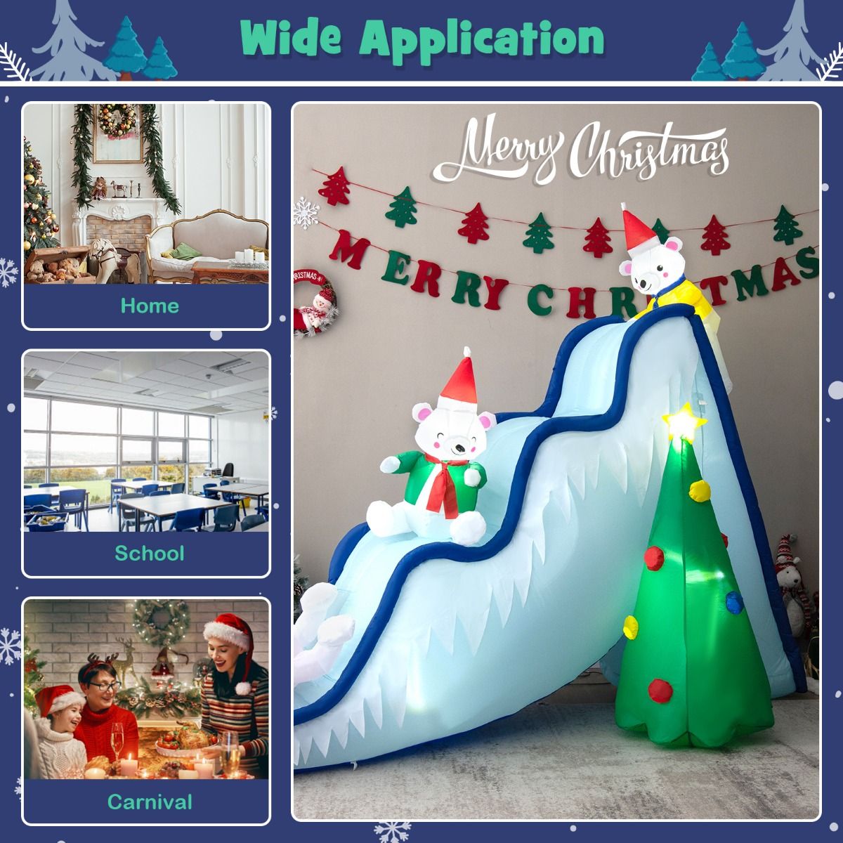 Coast Aufblasbare Weihnachtsrutsche mit Eisbären und Weihnachtsbaum - Beleuchtete Weihnachtsdekoration mit Ventilator - 225 x 120 x 200 cm - Weiß