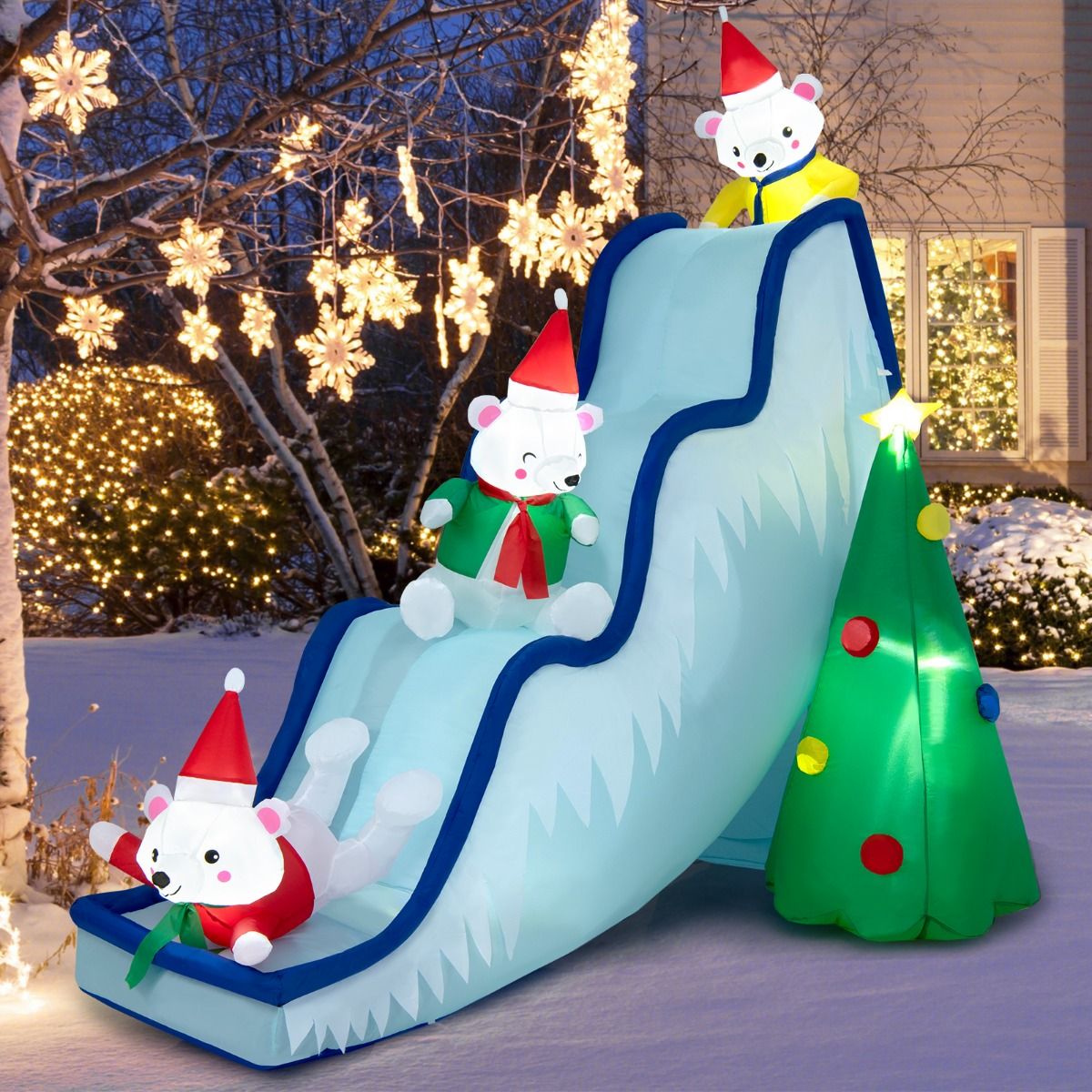 Coast Aufblasbare Weihnachtsrutsche mit Eisbären und Weihnachtsbaum - Beleuchtete Weihnachtsdekoration mit Ventilator - 225 x 120 x 200 cm - Weiß