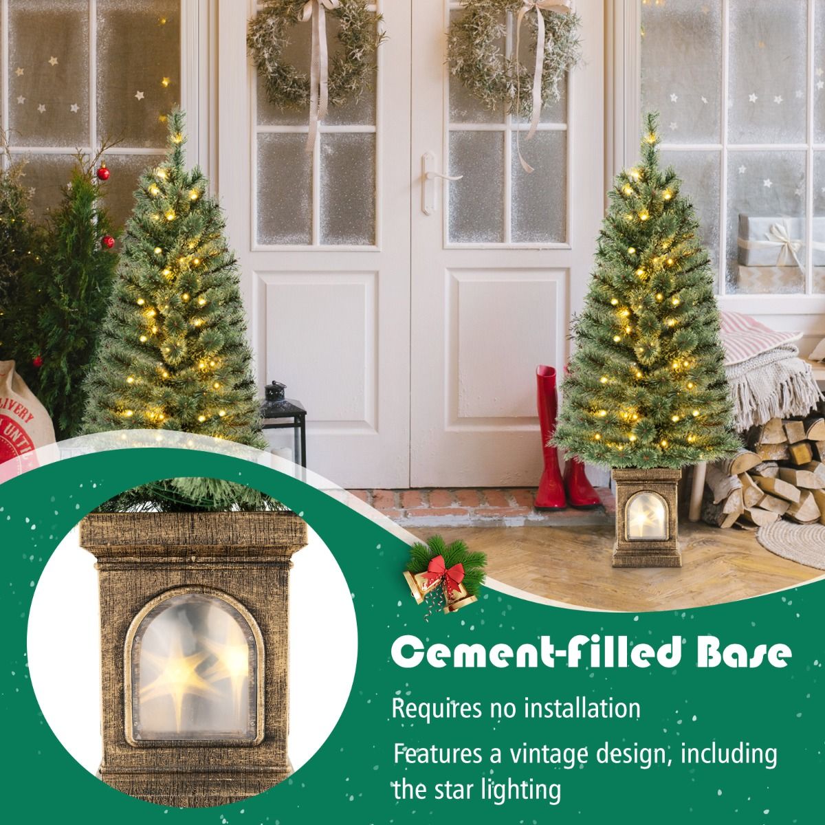 Coast Künstlicher Weihnachtsbaum 120 cm Grün/Gold - 116 Zweige - 100 LED-Lichter - Zementgefüllter Sockel - Fernsteuerung