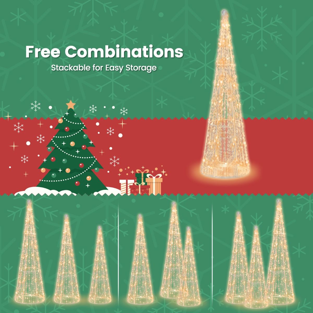 Coast Illuminated Christmas Cone Trees 3er Set - Warm White LED - Sterngirlanden - Weiß - 81 / 72 / 62 cm - Für Innen & Außen