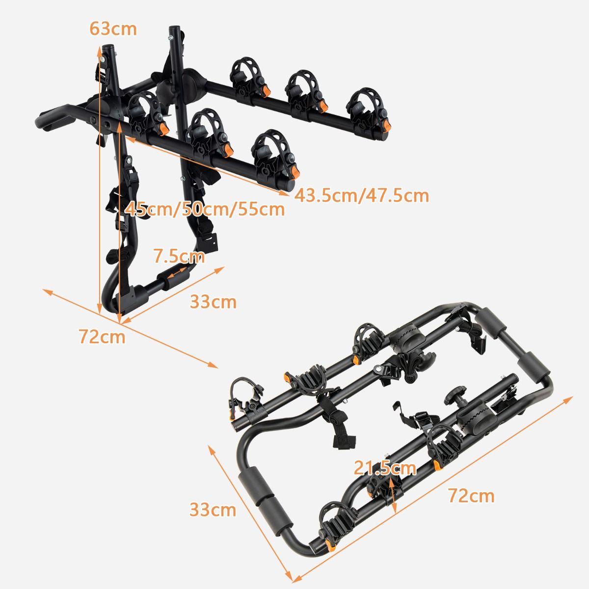 Coast Trunk Fahrradträger für 3 Fahrräder - Verstellbarer Heckklappen-Fahrradträger 71 x 33 x 63 cm - Schwarz - Tragfähigkeit 45 kg
