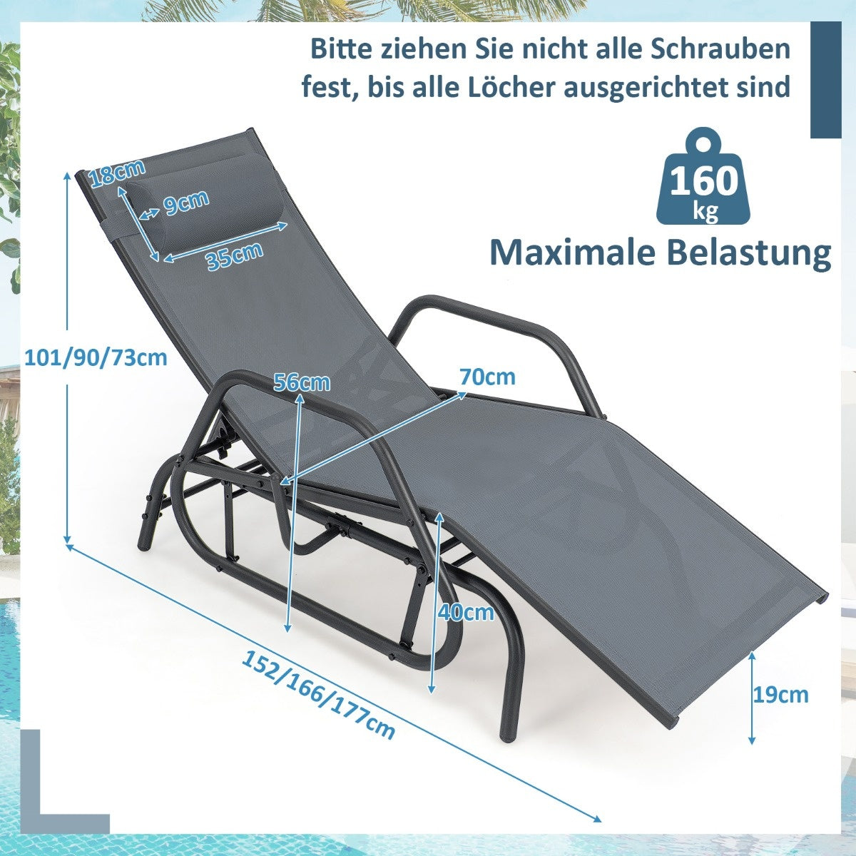 Coast Sonnenliege mit Schaukelfunktion Gartenliege mit verstellbarer Rückenlehne grau