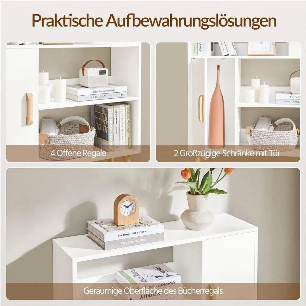 Yaheetech Bücherregal 80 x 23,5 x 120,5 cm – Weiß – Aufbewahrungsschrank mit 2 Türen und 4 offenen Fächern