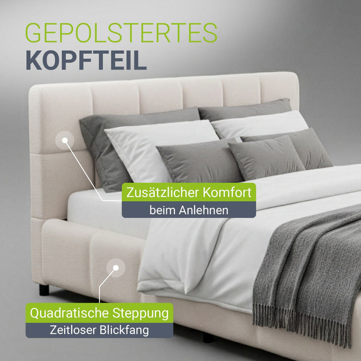 Juskys Polsterbett „Florence“ – 140 x 200 cm – Bouclé, cremefarben – mit Kopfteil und Lattenrost