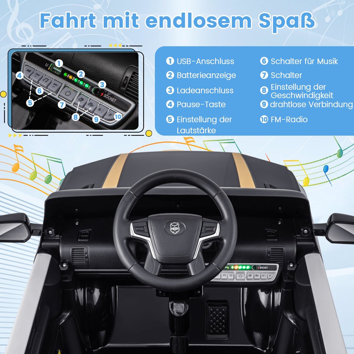 Coast Elektrisches Kinderpolizeiauto – mit Fernbedienung – Sirene und LED-Beleuchtung – schwarz