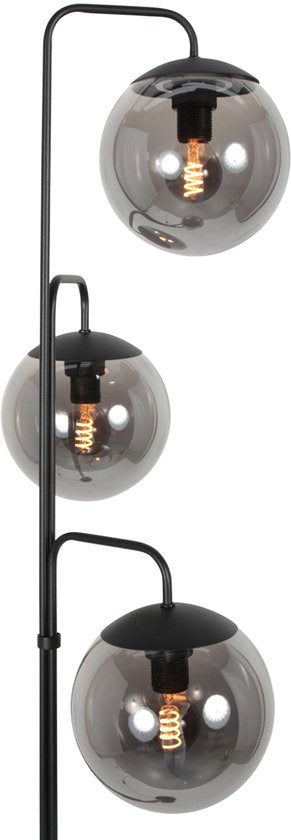 Stehlampe Bollique 4611ZW von Steinhauer – Stilvolles schwarzes Metall mit 3 rauchfarbenen Glaskugeln, Höhe 173 cm, runder Sockel 40 cm, perfekt für den Innenbereich