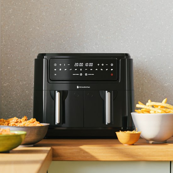 KitchenBrothers Airfryer XXL Dual Zone - 9L - 2400W - Heißluftfritteuse - Doppelter Korb - 50ºC bis 200ºC - 10 Kochprogramme - Schwarz