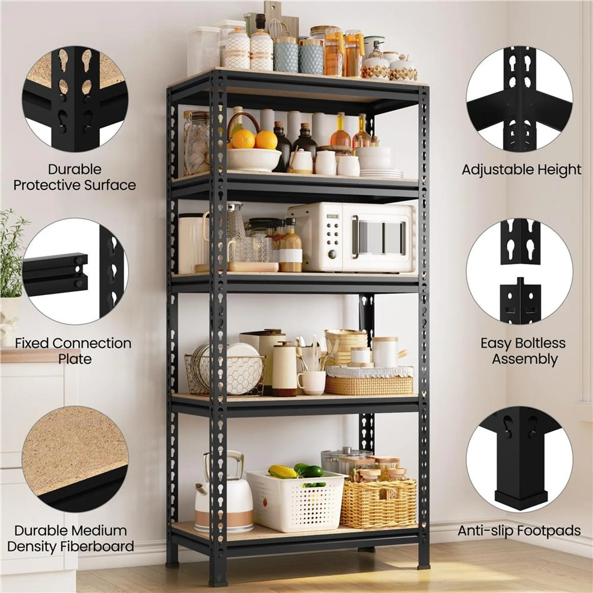 Yaheetech Regalschrank, 2 Stück, 70 x 30 x 150 cm – Schwarz – 5 verstellbare Einlegeböden