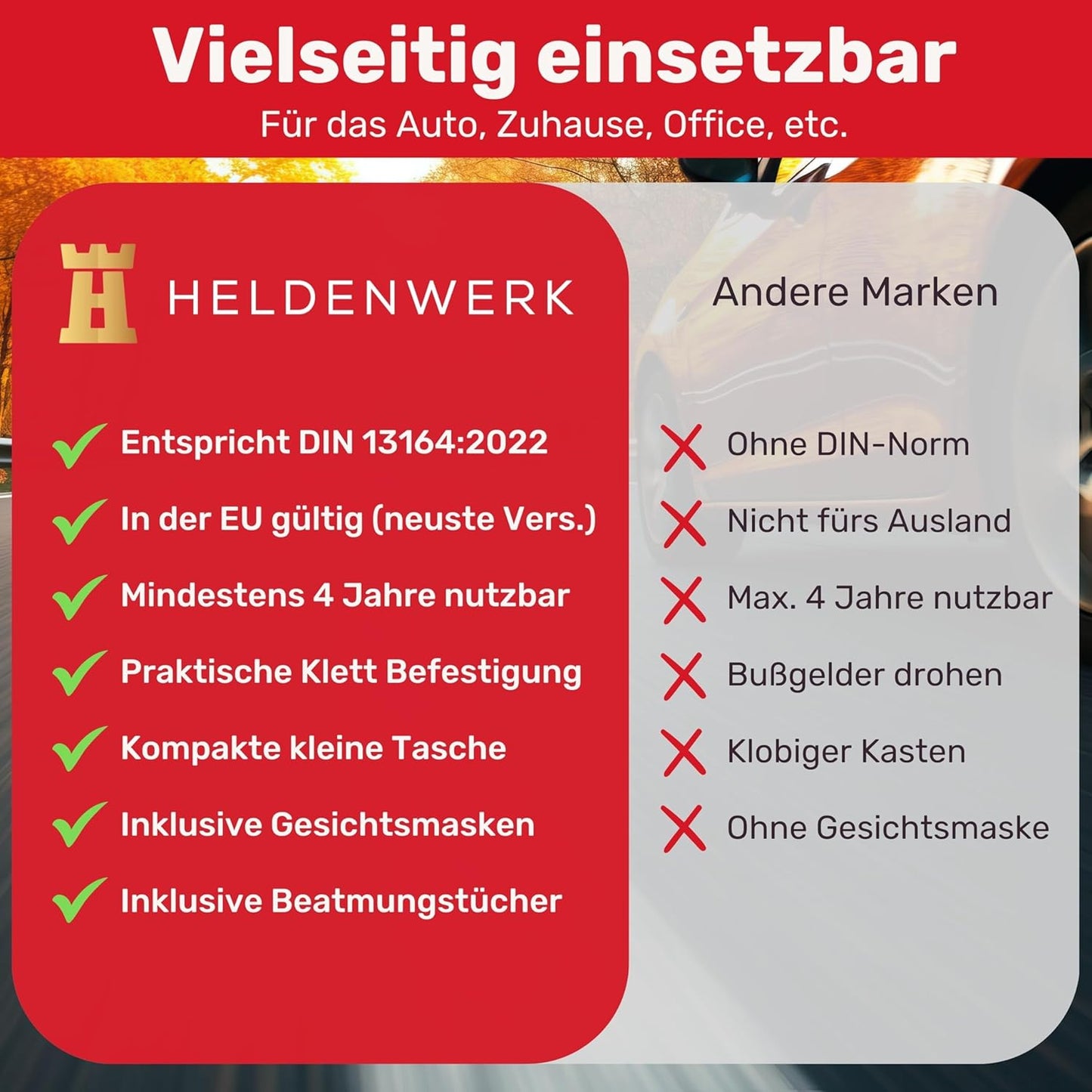 Heroism Car Bandage Bag - DIN 13164:2022 - Europäisch zugelassenes Erste-Hilfe-Set für Autos