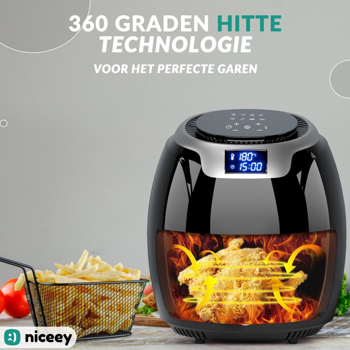 Niceey Airfryer XXL - Heißluftfritteuse - 8L - 1800W - Schwarz