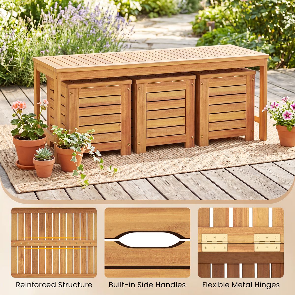 Coast Gartenbank mit Stauraum – 3 Staufächer – 115 x 45 cm – naturfarben