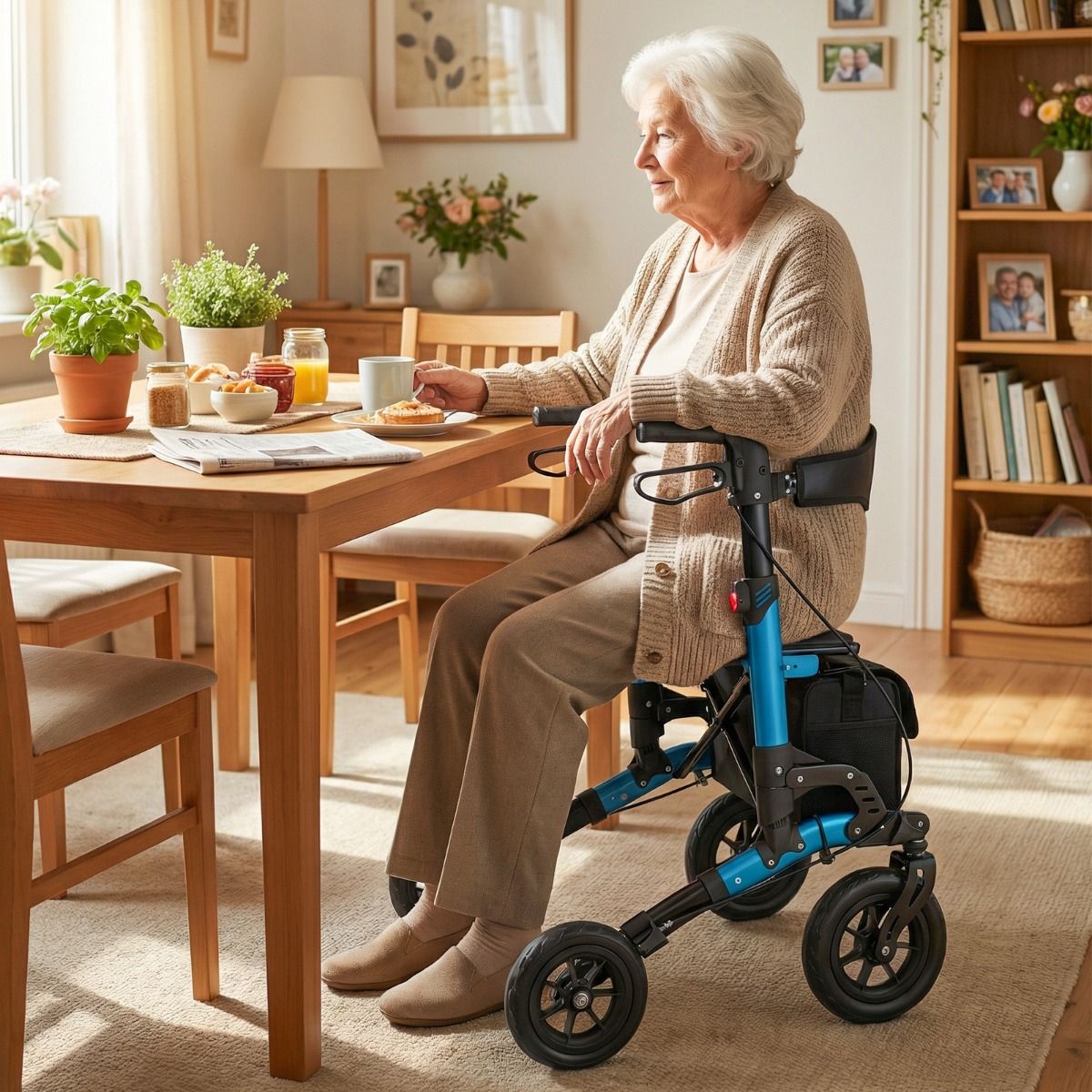 Coast Faltbarer Rollator für Senioren – Sitz mit Netzrückenlehne – Große Räder und Stockhalter – blau