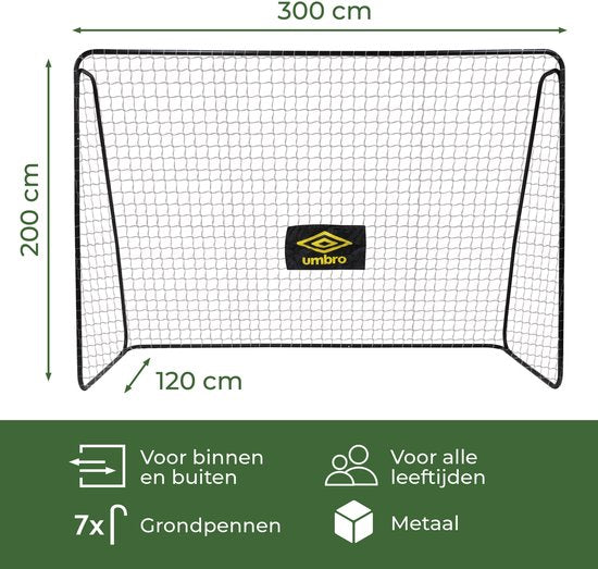 Umbro Fußballtor – Fußballtor 300 x 120 x 205 cm – Großes Fußballtor – Spielgerät für Kinder und Erwachsene – Schnelle Montage – Fußball-Trainingstor – Metall – Schwarz/Gelb