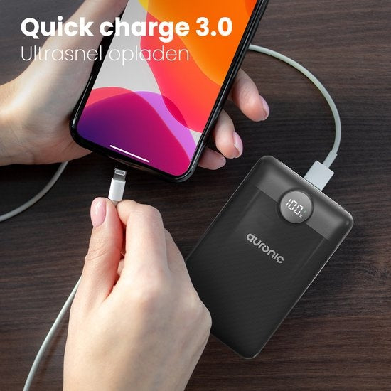 Auronic Powerbank - Schnellladegerät für iPhone und Samsung - 10.000 mAh - 22,5 W - 2 Ladeanschlüsse - Schnellladen über USB-A und USB-C - Schwarz