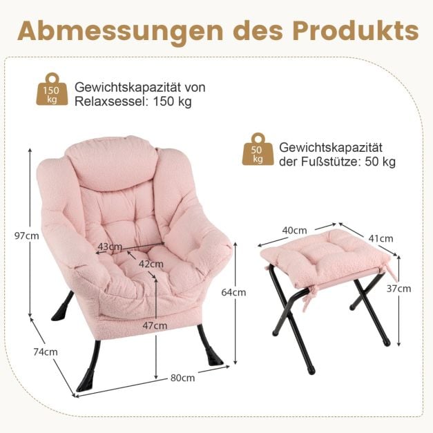 Coast Rosa Loungesessel mit Armlehnen, Kopfkissen und Seitentasche – Relaxsessel mit optionalem Fußhocker – Sherpa – Rosa