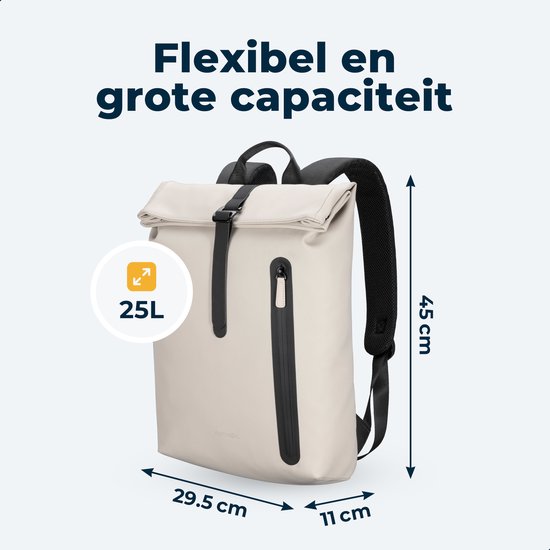 Pathsail Rolltop Rucksack - 13.5L - 15.6 Zoll - Beige - Wasserabweisend - Metallschnalle - Laptop-Fach