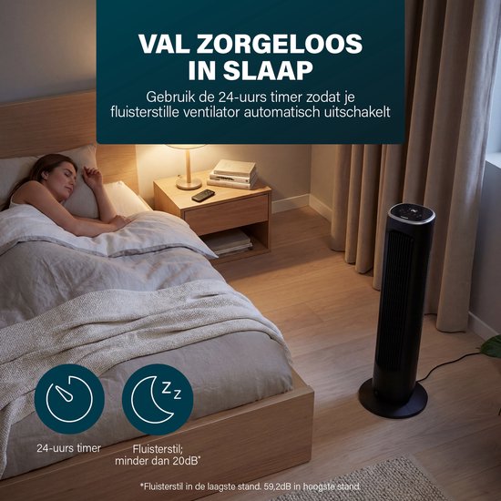 Princess DC Turmventilator 101 cm – Besonders leise – 12 Geschwindigkeitsstufen – Schwenkfunktion – Timer 1–8 Stunden – Mit Fernbedienung – Standventilator – 50 W – Schwarz – 352390