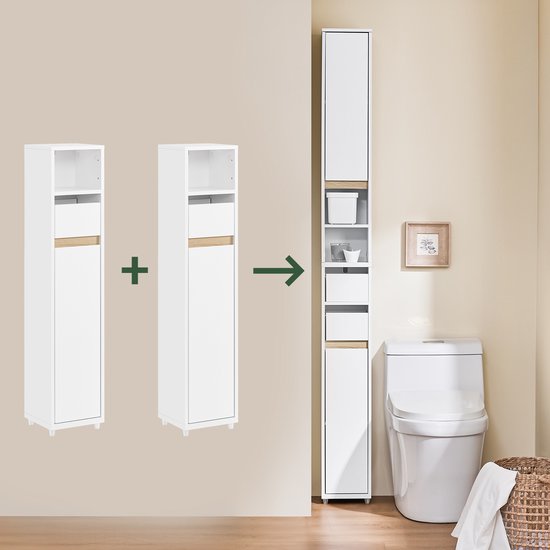 SoBuy BZR151-W Badezimmerschrank für schmale Räume, kompakter Aufbewahrungsschrank mit verstellbarem Einlegeboden und Schublade, für Badezimmer, Toilettenschrank aus Holz, weiß, 20 x 20 x 96 cm