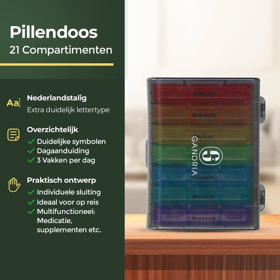 Gandria Pillenbox 7 Tage - Herausnehmbare Pillenbox - Medizinbox mit 21 Fächern - Medizinbox mit stabilem Verschluss - 3 Fächer pro Tag - 7 Farben