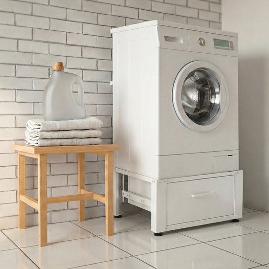 Vonia Waschmaschinenaufzug - Waschmaschinenaufzug mit Schublade - Waschmaschinensockel - Waschmaschinenschrank - Waschmaschinenschrank - 63x54x31 - Weiß