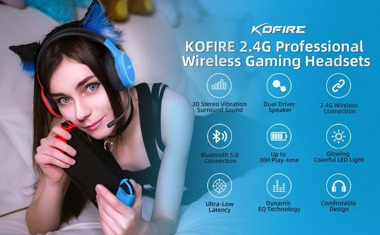 Kofire UT-01 2.4GHz Wireless Gaming Headset - Bluetooth Over-Ear Kopfhörer mit Mikrofon - Multi-Plattform - Rot blau