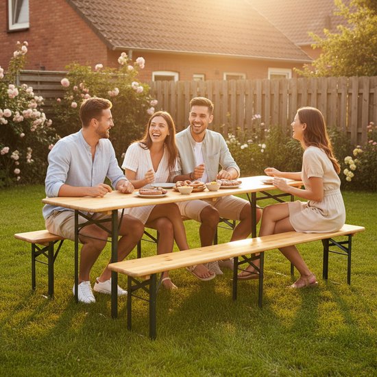 AXI Toon Biertisch-Set – Klapptisch und 2 Bänke – 220 cm – Stahlgestell & Holz – Mit Gummifüßen – Picknicktisch für den Außenbereich