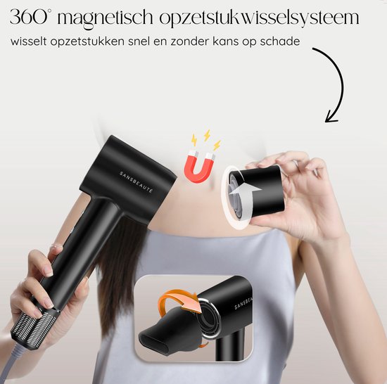 Sansbeauté® Haartrockner mit Diffusor - Locken - 110.000 U/min - Ionen-Haartrockner mit Bürste - 3 Stufen - 3 Aufsätze - Reisehaartrockner - Coolshot - Haartrockner mit Diffusor - Haartrockner - 2000W - EssentiaPRO®