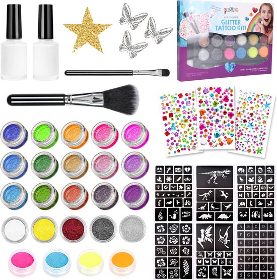 Partizzle Komplettes Bio Glitter Tattoo Set - Mädchen / Jungen - Schminkschablonen, Kleber und Pinsel - Face Fake Neon Tattoos Bastelset - Karneval Geschenk Basteln für Kinder - 24 Farben / Biologisch abbaubar